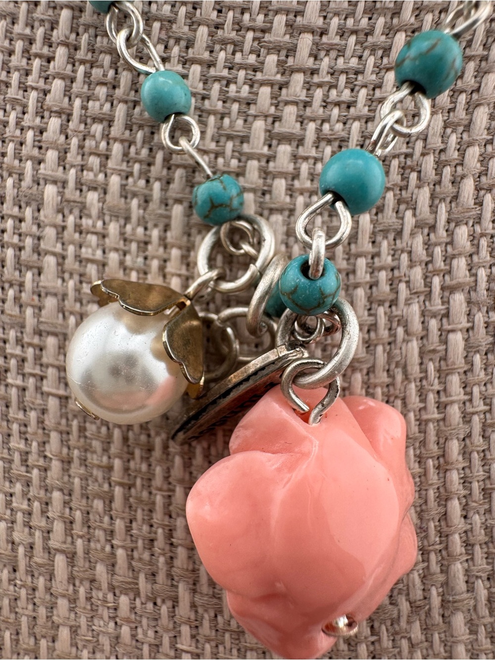 Plunder Turquoise Beaded Charm Necklace Pink Rose Pendant Boho Layered Necklace - Picture 6 of 11